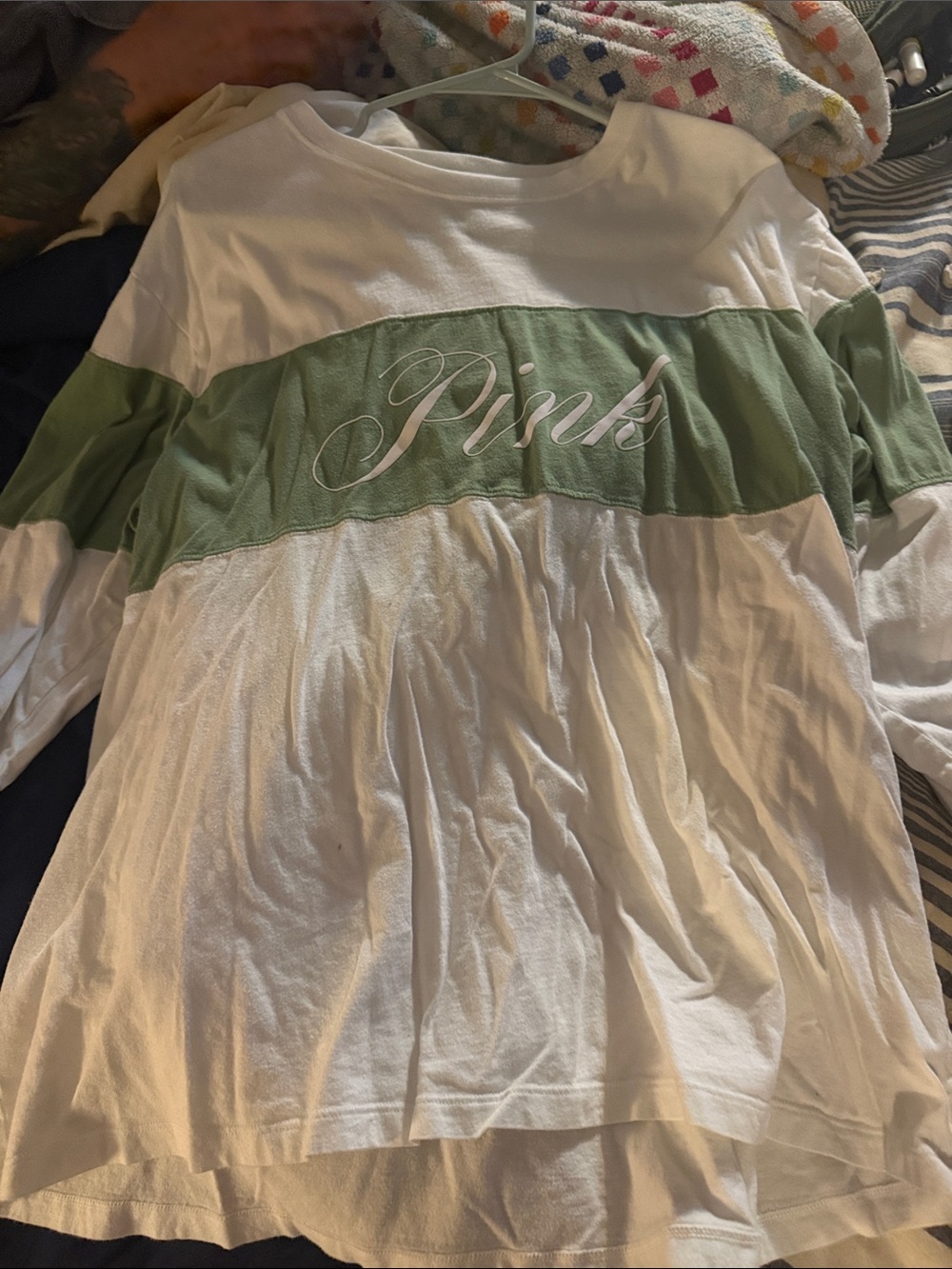 PINK Victoria's Secret White and Sage Green Long Sleeve Tee